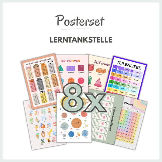 Poster "Lern-Tankstelle für die Grundschule" (Zum Download  & selber drucken) | 1x1-Tabelle | ABC | Formen | Planeten