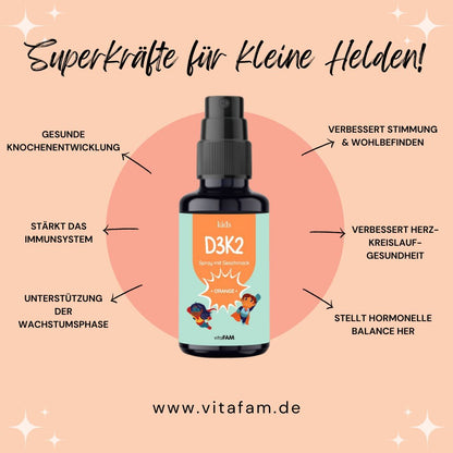 KIDS Vitamin D3 & K2 Spray mit Orange-Geschmack | 1000 i.E. | 30ml